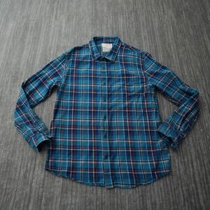 VSTR Shirt Men Flannel Button Up Plaid‎ Long Sleeve Blue 100% Cotton Large